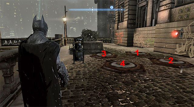 Odszukaj pokazane na screenie obiekty, czyli generator oraz cztery płyty naciskowe - Plik z danymi 3 (Zaułki) | Pakiety danych Enigmy (Enigma Datapacks) - Batman: Arkham Origins - poradnik do gry