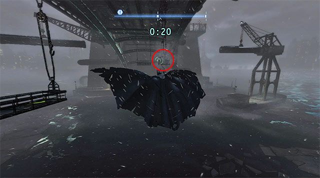 Poszybuj w stronę balkoniku zlokalizowanego dokładnie na północ stąd (screen), przyciągając się do niego z pomocą haka - Plik z danymi 11 (Most Pioneers Bridge w Gotham) | Pakiety danych Enigmy (Enigma Datapacks) - Batman: Arkham Origins - poradnik do gry