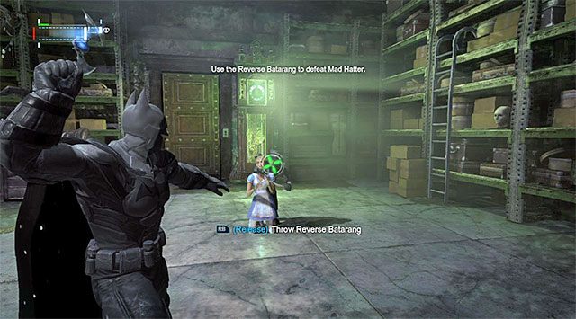 Nie puszczaj przycisku dopóki odwrócony batarang nie będzie w pełni gotowy do użycia - Szalony Kapelusznik (The Mad Hatter) | Poszukiwani przestępcy - Batman: Arkham Origins - poradnik do gry