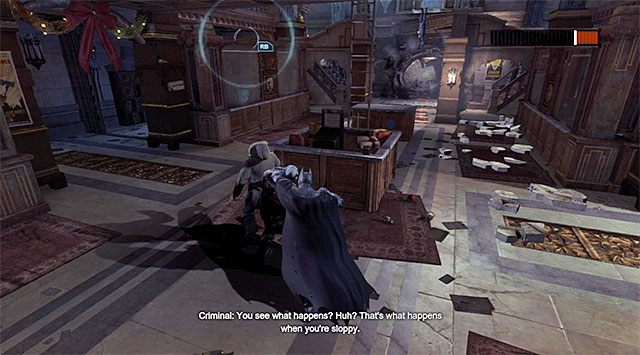 Po tym jak niemal całkowicie wyczerpiesz pasek zdrowia Deadshota powinien on złapać zakładnika i zacząć używać go jako żywej tarczy - Deadshot | Walki z bossami w Batman Arkham Origins - Batman: Arkham Origins - poradnik do gry