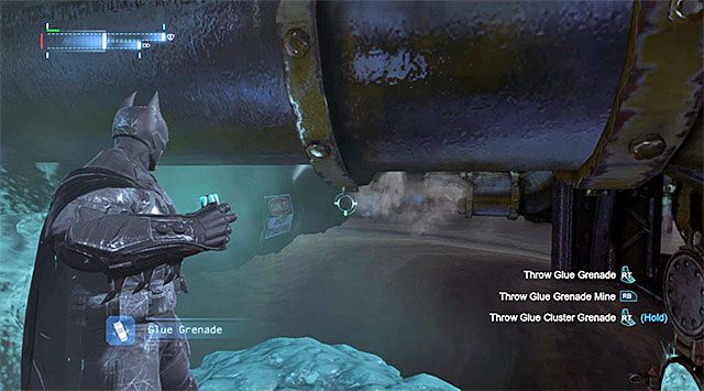 Popatrz na dół i użyj granatów klejowych na dwóch widocznych w oddali rurach - Przedostań się do więzienia Blackgate kanałami | Główny wątek w Arkham Origins - Batman: Arkham Origins - poradnik do gry