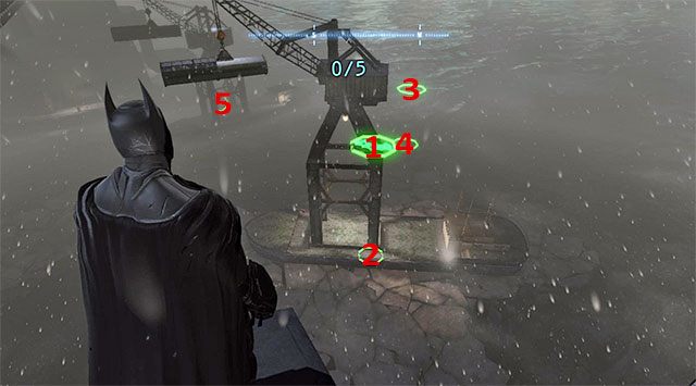 Poszybuj w stronę obręczy 1 (powyższy screen) i rozpocznij nurkowanie żeby dolecieć do obręczy 2 - System Mrocznego Rycerza | Wyzwania (Challenges) w Batman Arkham Origins - Batman: Arkham Origins - poradnik do gry