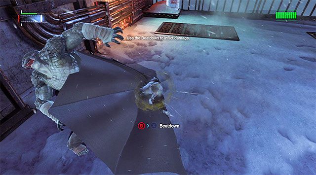 Tuż po tym jak Killer Croc wykonał zakończy niepowodzeniem atak podbiegnij do niego i wdroż w życie taką samą taktykę jak w przypadku opancerzonych wrogów - Pokonaj Killer Croca | Główny wątek w Batman Arkham Origins - Batman: Arkham Origins - poradnik do gry