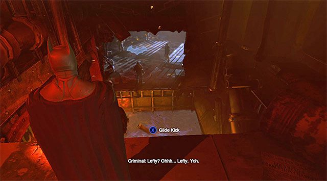 Poszybuj w stronę odwróconego plecami do Batmana przeciwnika - Zlokalizuj Pingwina | Główny wątek w Batman Arkham Origins - Batman: Arkham Origins - poradnik do gry