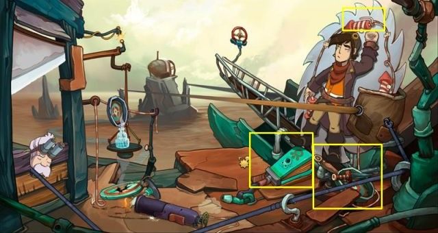 Kliknij miech, a następnie rączkę patelni - Zabierz młotek z domku babci Utz | Dotrzyj do Goal | Chaos on Deponia - Chaos on Deponia - poradnik do gry