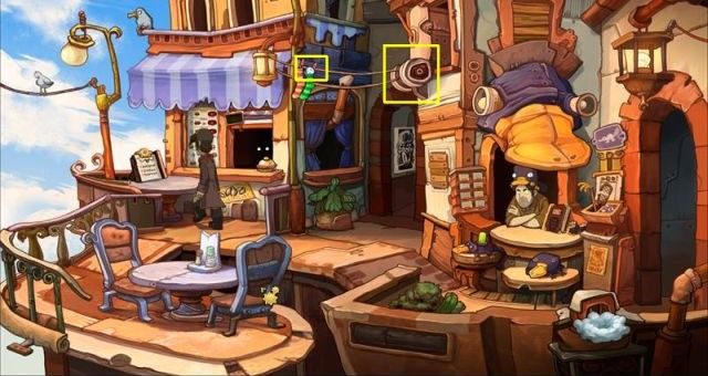Jajo dziobaka powietrza wisi w skarpetce na sznurze między restauracją a sklepem z pamiątkami - Dziobak powietrza | Dogadaj się z Wielmożną Goal | Chaos on Deponia - Chaos on Deponia - poradnik do gry