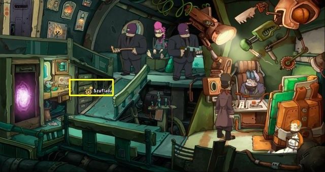 Porozmawiaj z Goal i Doktorkiem, po czym podejdź do szuflady po lewej - Uratuj Goal i Doktorka | W pogoni za Goal | Chaos on Deponia - Chaos on Deponia - poradnik do gry