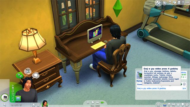 Do pracy musisz chodzić skupionym - aby to zrobić najlepiej na 2 godziny przed pracą kliknąć na szachownicy i wybrać Rozmyślaj nad posunięciami, a następnie Graj - Sims 4: Guru techniki - kariera, porady - Sims 4 - poradnik do gry