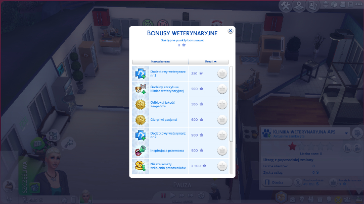 Bonusy weterynaryjne to specjalne zdolności ulepszające klinikę (znajdziesz je po kliknięciu na ikonkę kasy fiskalnej) - Sims 4 Psy i koty: Klinika weterynaryjna - Sims 4 - poradnik do gry