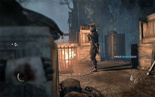 Jeden z wrogów stoi przy ognisku - Przedostanie się na pokład Światła Brzasku | Rozdział 8 (Światło Brzasku) - Thief - poradnik do gry