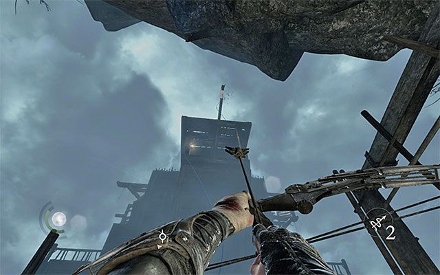 Omiń ostrożnie obu przeciwników, po czym wyrusz na zachód i użyj pazura - Przedostanie się na pokład Światła Brzasku | Rozdział 8 (Światło Brzasku) - Thief - poradnik do gry