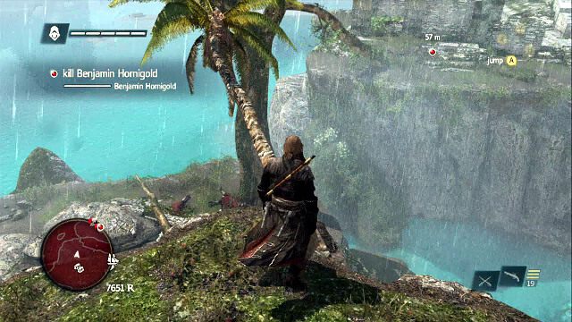 Ze szczytu wzgórza dostaniesz się na drugie wzniesienie, na którym jest Hornigold, po widocznych na screenie drzewach - 02 - Murder and Mayhem | Sekwencja 10 | Solucja Assassins Creed IV Black Flag - Assassins Creed IV: Black Flag - poradnik do gry