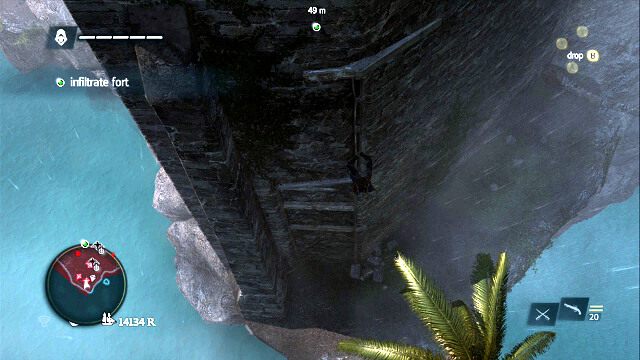 Po drzewach dostań się na sam kraniec fortu aż dojdziesz do miejsca ze screena - 01 - We Demand A Parlay | Sekwencja 7 | Solucja Assassins Creed IV Black Flag - Assassins Creed IV: Black Flag - poradnik do gry