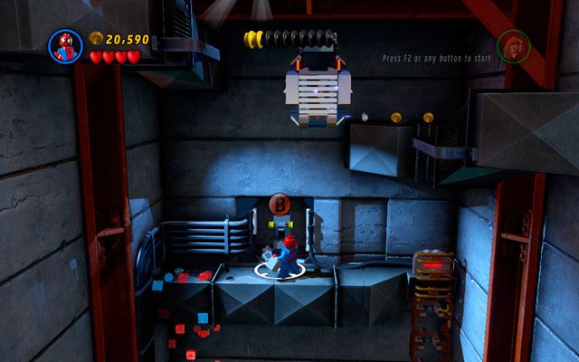 W kolejnej sali staraj się unikać bomb zielonego goblina, równocześnie strzelając w jego kierunku - Exploratory Laboratory | Opis przejścia LEGO Marvel Super Heroes - LEGO Marvel Super Heroes - poradnik do gry