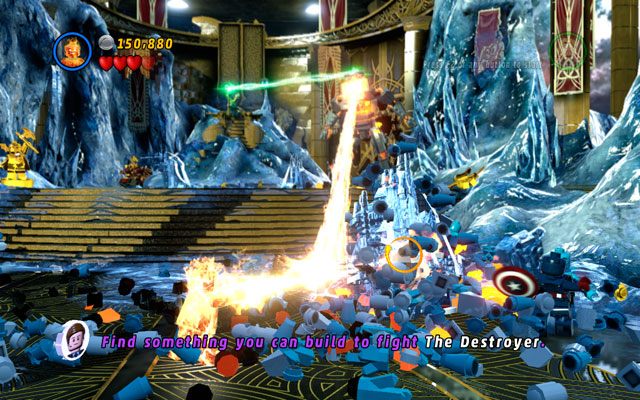 Kiedy na arenie pojawi się bryła lodu, roztop ją Ludzką Pochodnią i ze szczątków zbuduj kolejny podest dla Kapitana Ameryki - Bifrosty Reception | Opis przejścia LEGO Marvel Super Heroes - LEGO Marvel Super Heroes - poradnik do gry