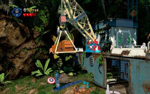 Rzuć tarczą Kapitana Ameryki w żuraw naprzeciwko i wejdź po jego pozostałościach na platformę - Rapturous Rise | Opis przejścia LEGO Marvel Super Heroes - LEGO Marvel Super Heroes - poradnik do gry