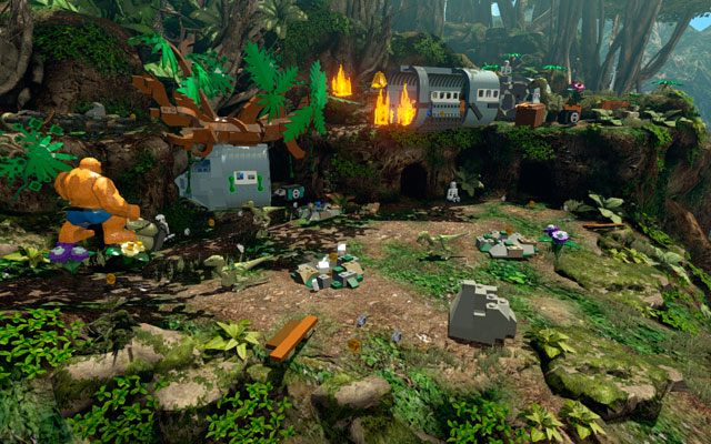 Idź w prawo - kiedy dojdziesz do zwalonego pnia, oczyść go z krzaków, odsłaniając dwa zielone uchwyty - Rapturous Rise | Opis przejścia LEGO Marvel Super Heroes - LEGO Marvel Super Heroes - poradnik do gry