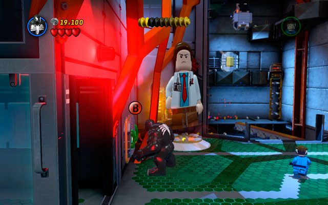 Stojąc przy windzie wybierz dowolną dużą postać i pociągnij za zielone uchwyty po lewej - Exploratory Laboratory | Zestawy MiniKit w LEGO Marvel Super Heroes - LEGO Marvel Super Heroes - poradnik do gry