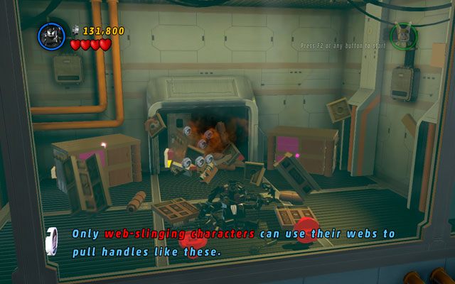 W sali za dwiema biało-niebieskimi ścianami wybierz postać dysponującą siecią i pociągnij za dwa uchwyty na ścianie - Rebooted, Resuited | Zestawy MiniKit w LEGO Marvel Super Heroes - LEGO Marvel Super Heroes - poradnik do gry