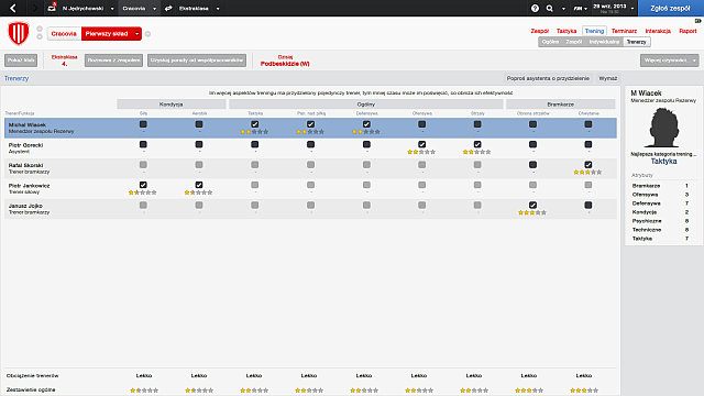 W zakładce Trenerzy możesz przejść do przydziału swoich trenerów, którzy zajmą się odpowiednimi elementami treningu - Trenerzy w Football Manager 2014 | Trening - Football Manager 2014 - poradnik do gry