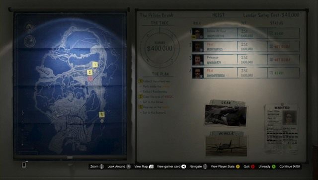 Ekran przygotowania do napadu, przydzielasz każdemu role i dole - GTA Online: Napady (DLC) - podstawy - GTA Online - poradnik do gry