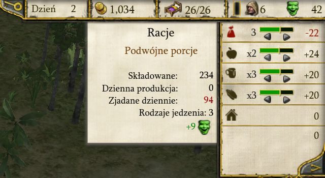 Okno racji żywnościowych pokazuje ile jedzenia jest aktualnie produkowane. - Produkcja jedzenia w Twierdza Krzyżowiec II | Elementy kluczowe - Twierdza: Krzyżowiec II - poradnik do gry