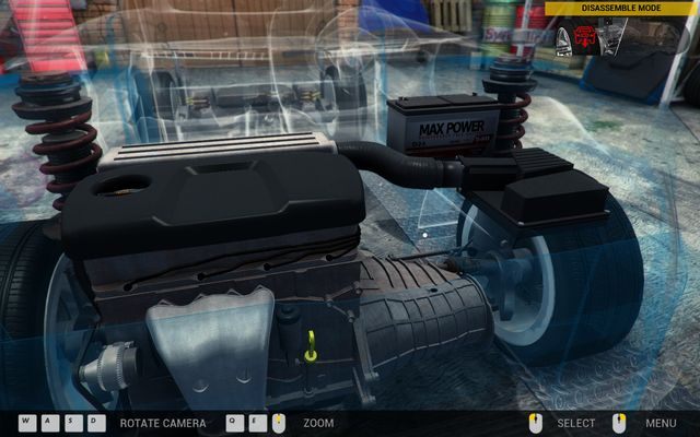 Widok wnętrza samochodu - trochę odmienny od tego spotykanego na co dzień przez kierowców. - Nawigowanie po garażu - Podstawy rozgrywki - Car Mechanic Simulator 2014 - poradnik do gry