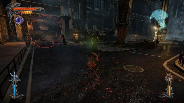 Zaznaczone na czerwono miejsce, do którego masz się teraz udać. - Arts District | Znajdźki - drugie podejście | Castlevania Lords of Shadow 2 - Castlevania: Lords of Shadow 2 - poradnik do gry