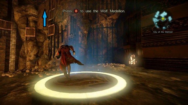 Strzałka przedstawia drogę do mechanizmu na Klucz Podziemi. - City of the Damned | Znajdźki - drugie podejście | Castlevania Lords of Shadow 2 - Castlevania: Lords of Shadow 2 - poradnik do gry