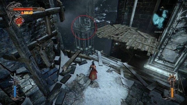 Na czerwono oznaczone miejsce Pamiętnika na samotnej wieży. - Overlook Tower | Znajdźki - drugie podejście | Castlevania Lords of Shadow 2 - Castlevania: Lords of Shadow 2 - poradnik do gry