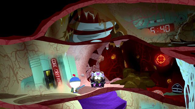 Strzel w miejsce na screenie, gdy będzie pod nim zombie bakteria, by się jej pozbyć - Dokop Clydeowi!/Beat Up Clyde! | Opis przejścia w South Park - Kijek Prawdy - South Park: Kijek Prawdy - poradnik do gry