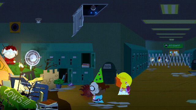 Za pomocą sondy dostań się do wentylacji na suficie, jak to widać na screenie - Zaatakuj szkołę/Attack the School | Opis przejścia w South Park - Kijek Prawdy - South Park: Kijek Prawdy - poradnik do gry