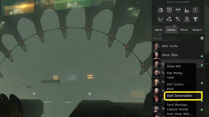 W prawym górnym rogu ekranu przejdźcie do zakładki Guests, gdzie znajdziecie listę osób, które znajdują się na tej samej stacji, co Wasz bohater - EVE Online: Znajomi - jak znaleźć? - EVE Online - poradnik do gry