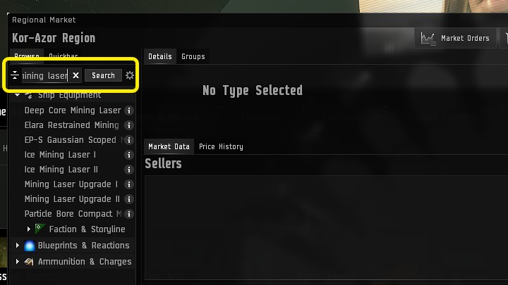 Najszybszym sposobem na znalezienie jakichkolwiek przedmiotów na rynku EVE Online jest skorzystanie z pola wyszukiwania - EVE Online: Rynek (Market) - EVE Online - poradnik do gry