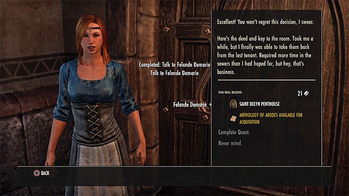 Po zaliczeniu wszystkich rozmów z Felande otrzymasz za darmo własny pokój, który będzie traktowany jako twój własny dom - ESO: Własny dom - jak kupić? - The Elder Scrolls Online - poradnik do gry