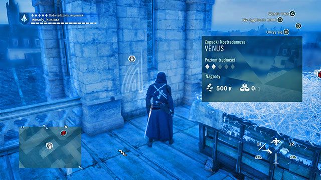 Pierwszy symbol w łańcuchu znajdziesz na na ścianie wieży kościelnej, tuż obok wozu z sianem - Zadania poboczne | Feydeau - mapa w AC Unity - Assassins Creed: Unity - poradnik do gry