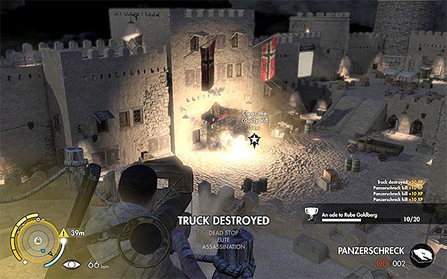 Postaraj się zniszczyć ciężarówkę - Oczyszczenie dziedzińca z jednostek wroga | Misja 4 - Fort Rifugio - Sniper Elite III: Afrika - poradnik do gry