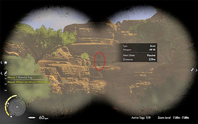 Po zajęciu miejsca w gnieździe wyceluj ze snajperki w przeciwnika oddalonego o kilkaset metrów na południe od bohatera - Dalekie strzały | Sekrety - Misja 6 | Sniper Elite III Afrika - Sniper Elite III: Afrika - poradnik do gry