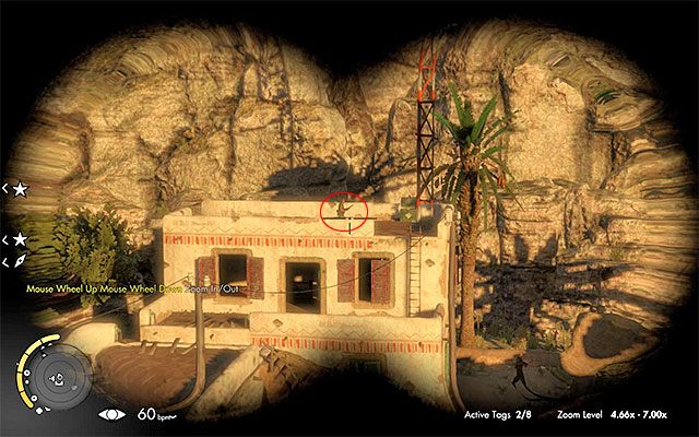 Przeciwnik z drugim ulepszeniem patroluje dach jednego z budynków w północno-wschodniej części mapy - Ulepszenia broni | Sekrety - Misja 3 | Sniper Elite III Afrika - Sniper Elite III: Afrika - poradnik do gry