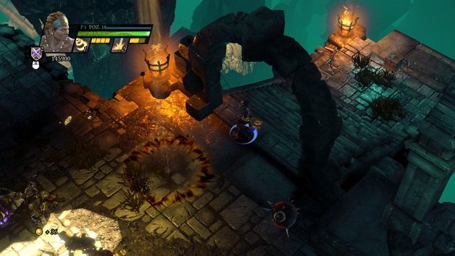 W miejscu pokazanym na screenie zejdź na dół, aby odnaleźć skrzynię skarbów - Forteca Enigmara | Kampania w Sacred 3 - Sacred 3 - poradnik do gry