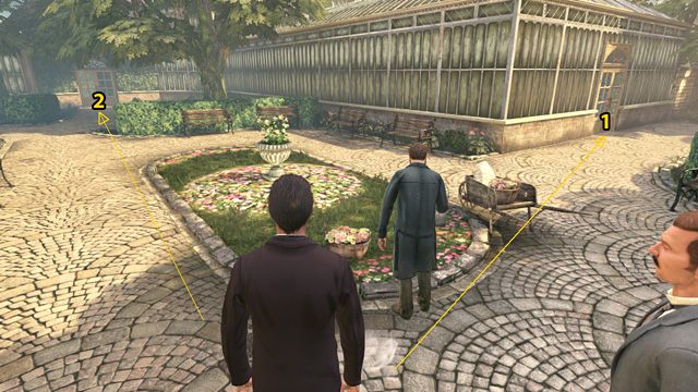 1 - do palmiarni, 2 - do wysiewnika. - Zdobądź informacje na temat Montague Dunnea - Dramat w Kew Gardens - Sherlock Holmes: Zbrodnia i kara - poradnik do gry