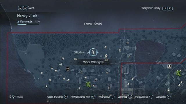 Lokalizacja miecza wikingów na mapie Nowego Jorku, w dzielnicy Farma. - Miecze Wikingów | Przedmioty do zebrania | Assassins Creed Rogue - Assassins Creed: Rogue - poradnik do gry
