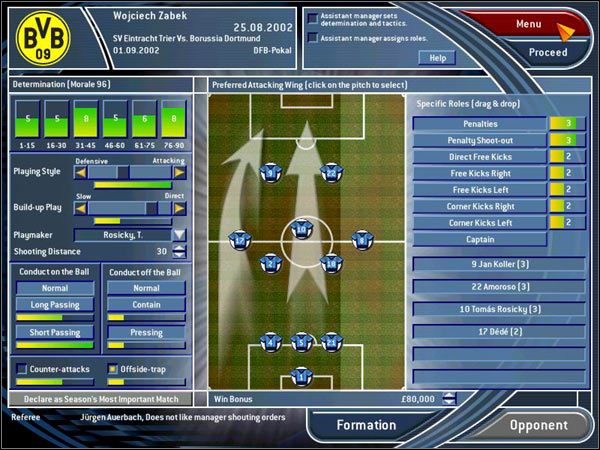 Zależnie od rywala w następnym spotkaniu przyjmij konkretną taktykę: jeśli jest mocny to graj asekuracyjnie [Playing Style: Defensive] nastawiając się przede wszystkim na zabójcze kontry szybkimi napastnikami [Counter-attacks] - Odprawa meczowa | Taktyka Total Club Manager 2003 - Total Club Manager 2003 - poradnik do gry