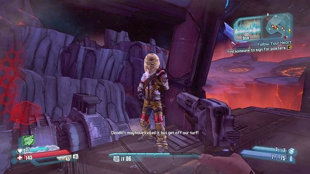 Porozmawiaj z NPC i daj mu plakaty do podpisania a jak tylko uzyskasz informacje od Janey, zastrzel go i pozbieraj plakaty z ziemi - Follow Your Heart | Misje poboczne - Serenitys Waste w Borderlands - Borderlands: The Pre-Sequel! - poradnik do gry