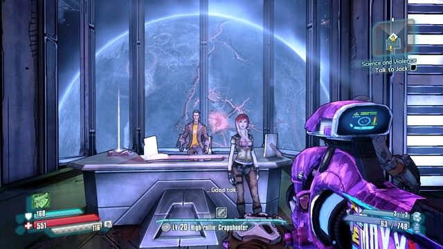 Po powrocie do biura Jacka porozmawiaj z nim i oddaj mu Cloaking Device po czym przejdź za nim do konsoli obok i naciśnij guzik - Science and Violence | Zadania główne w Borderlands The Pre-Sequel - Borderlands: The Pre-Sequel! - poradnik do gry
