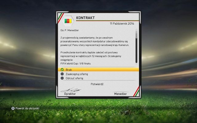 Po osiągnięciu dobrych wyników podczas prowadzenie klubu, nad którym zdołaliśmy objąć pieczę, po jakimś czasie zgłoszą się do nas osoby, które zaoferują nam pracę z jedną z reprezentacji narodowych - Prowadzenie reprezentacji narodowej | Tryb kariery menedżerskiej w FIFA 15 - FIFA 15 - poradnik do gry
