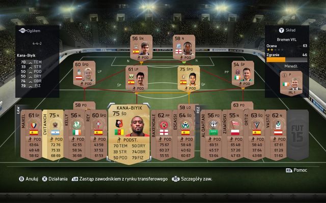 Wyjściową jedenastkę oraz skład kadry rezerwowej ustalamy na podstawie zgromadzonych wcześnie kart piłkarzy - Tworzenie składu i zgranie | FIFA Ultimate Team w FIFA 15 - FIFA 15 - poradnik do gry