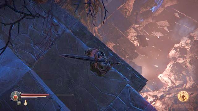 Następnie cofnij się lekko do owego zniszonego pomostu, w miejsce ukazane na obrazku - Pokonaj Niszczyciela, ostatniego z Rhogarskich Lordów | Komnata Kłamstw - Lords of the Fallen - poradnik do gry