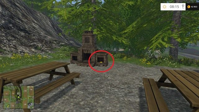 W kominku, na placu z drewnianymi stolikami - Sektor C: monety 30 - 44 | Złote monety w Farming Simulator 15 - Farming Simulator 15 - poradnik do gry