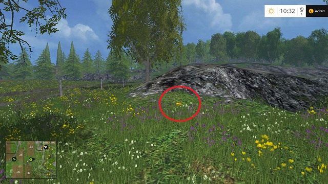 Na ogrodzonym płotem poletku, tuż przy skale - Sektor E: monety 55 - 69 | Złote monety w Farming Simulator 15 - Farming Simulator 15 - poradnik do gry